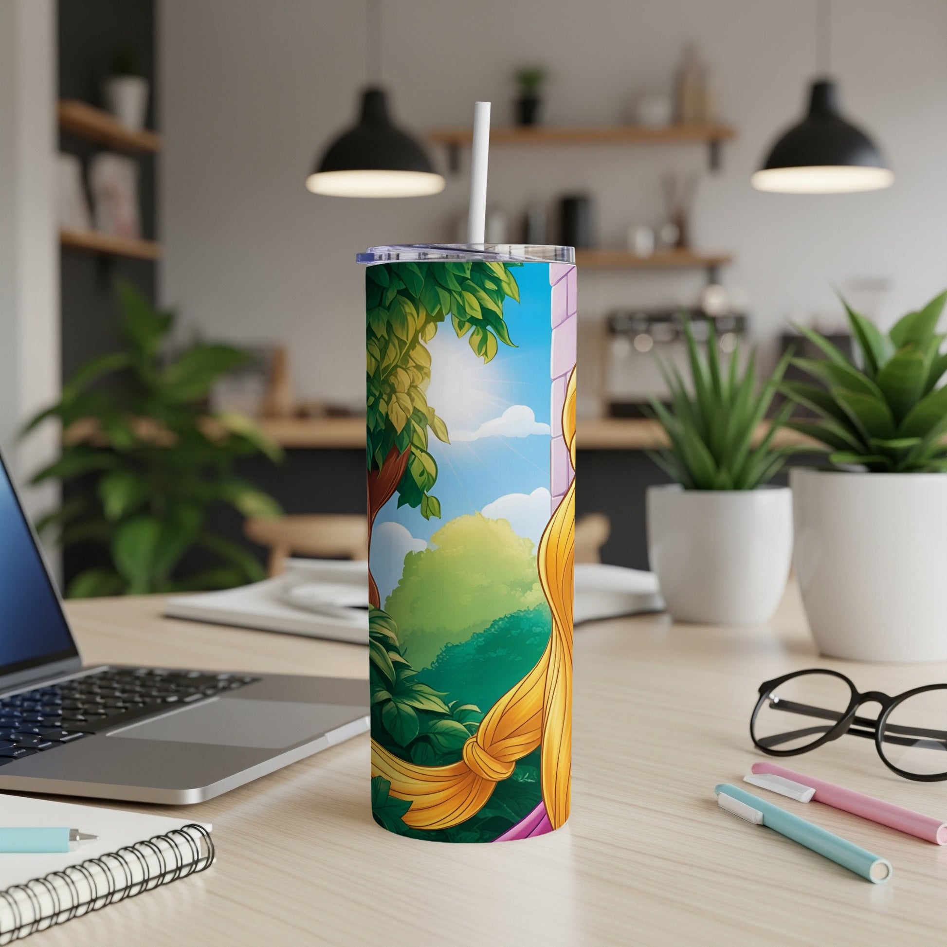 Tall tumbler with cartoon character and colorful landscape design.