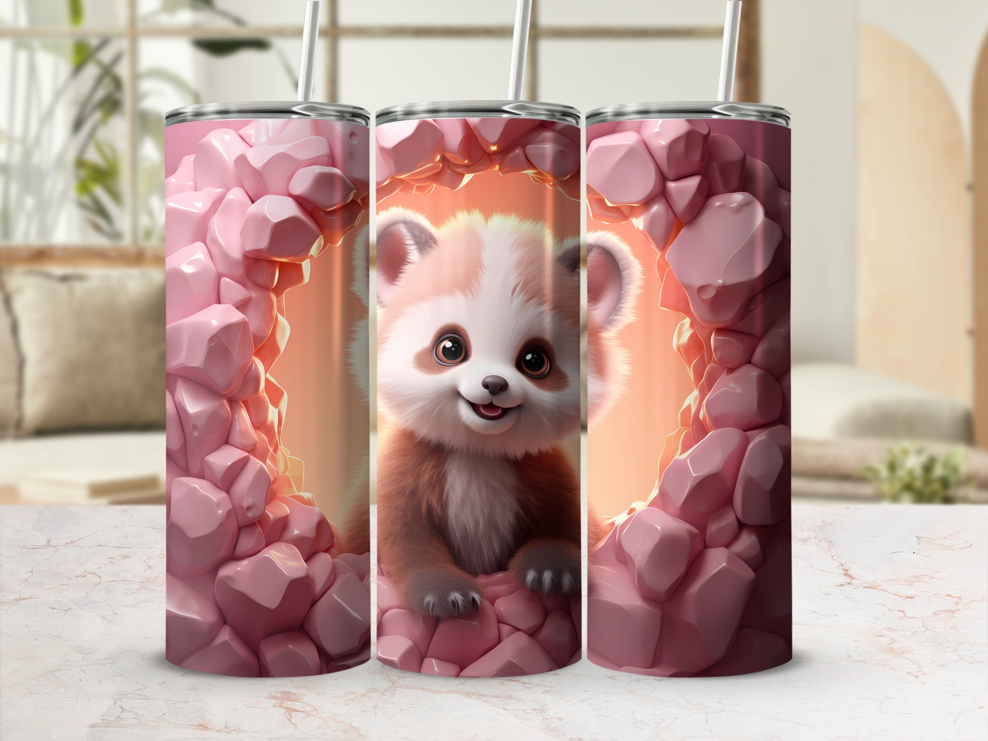 Adorable Panda Tumbler with Pink Rock Design