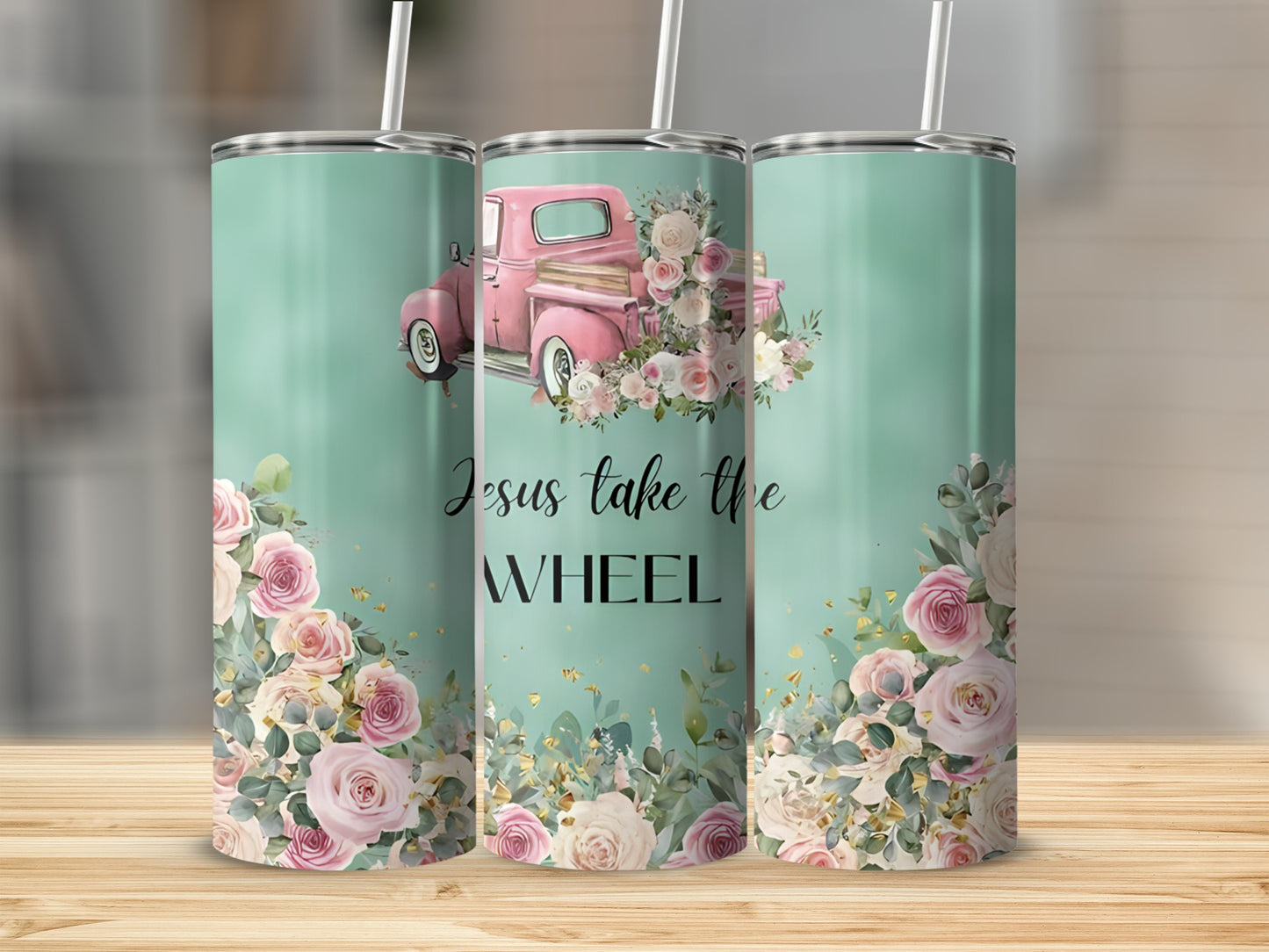 Pink truck with roses and text "Jesus take the wheel" on a teal tumbler.