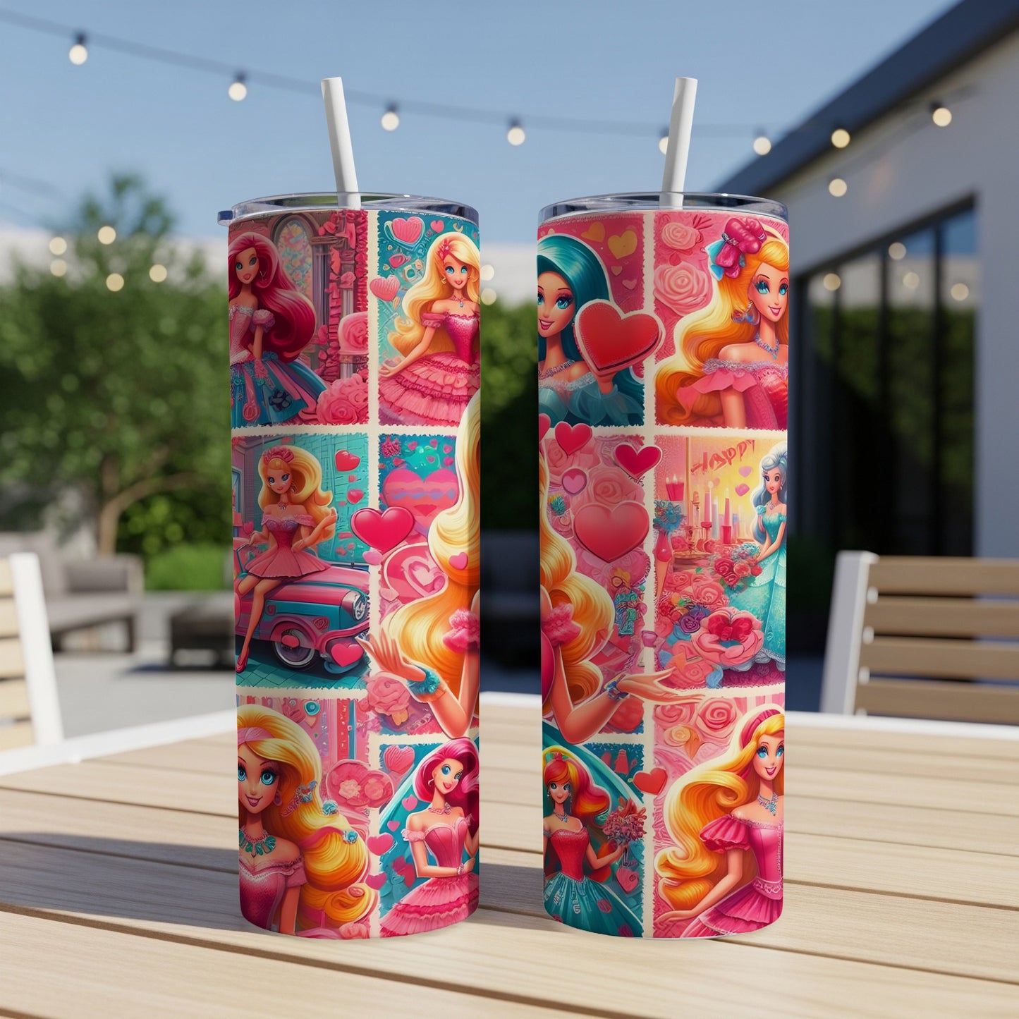 Pink patchwork tumbler with Barbie illustrations and hearts.