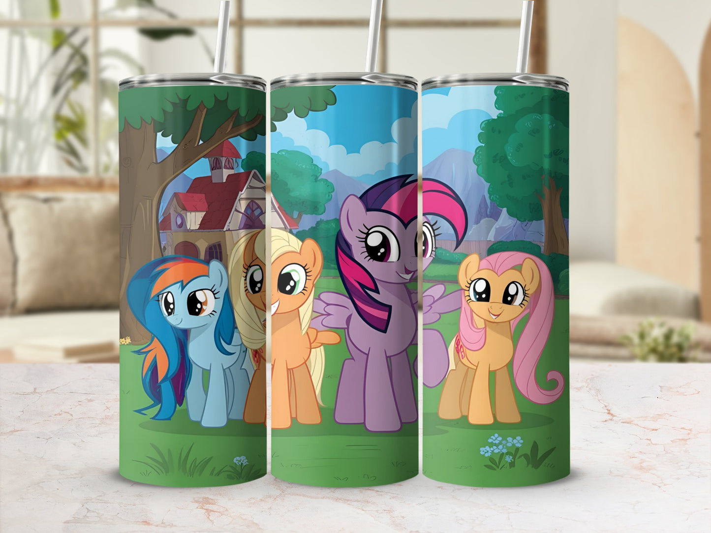 My Little Pony characters Rainbow Dash, Twilight Sparkle, Applejack, and Fluttershy on a green tumbler.