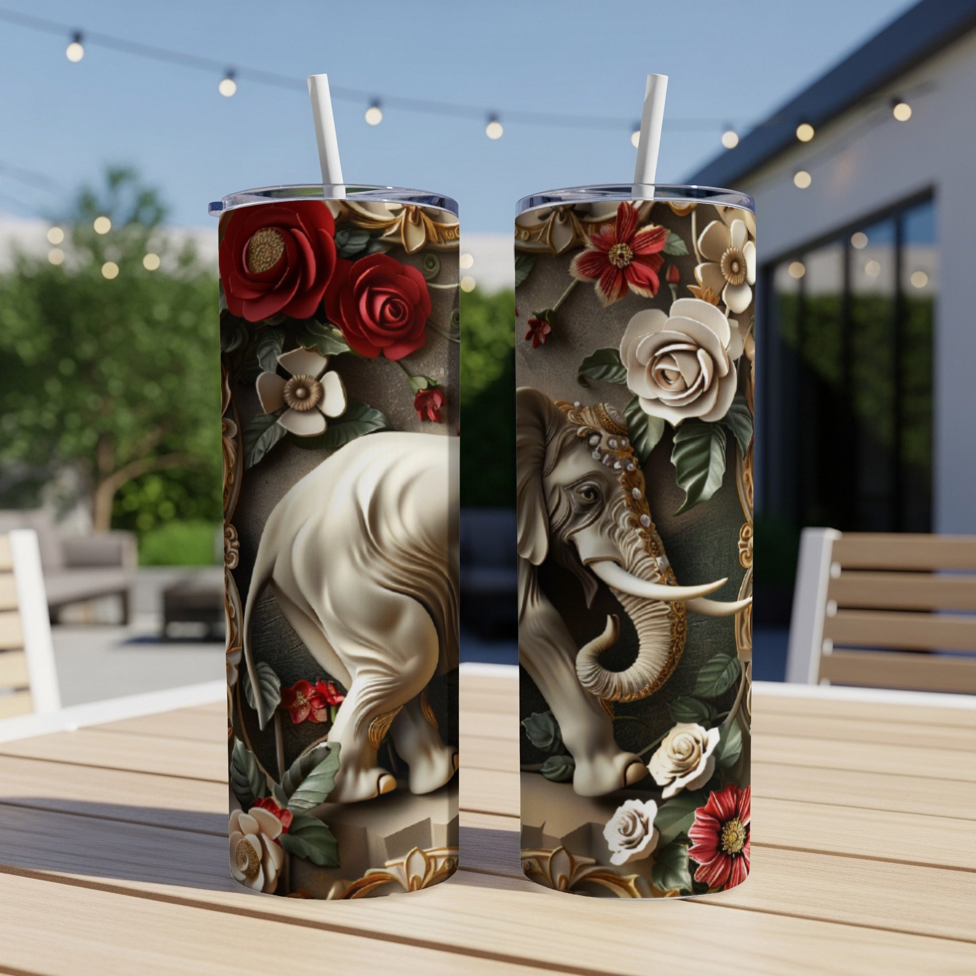 White elephant with floral accents on a tumbler.
