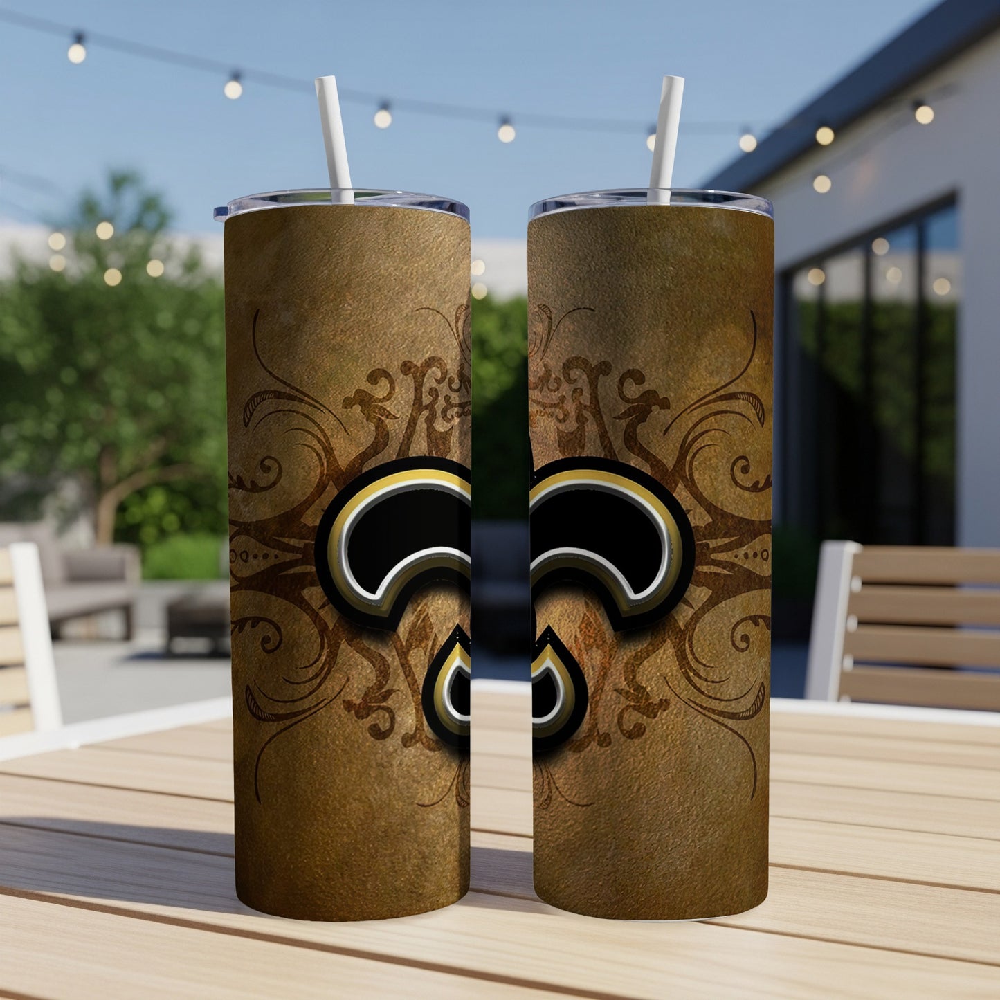 Two tumblers with a distressed gold texture and ornate swirling patterns.