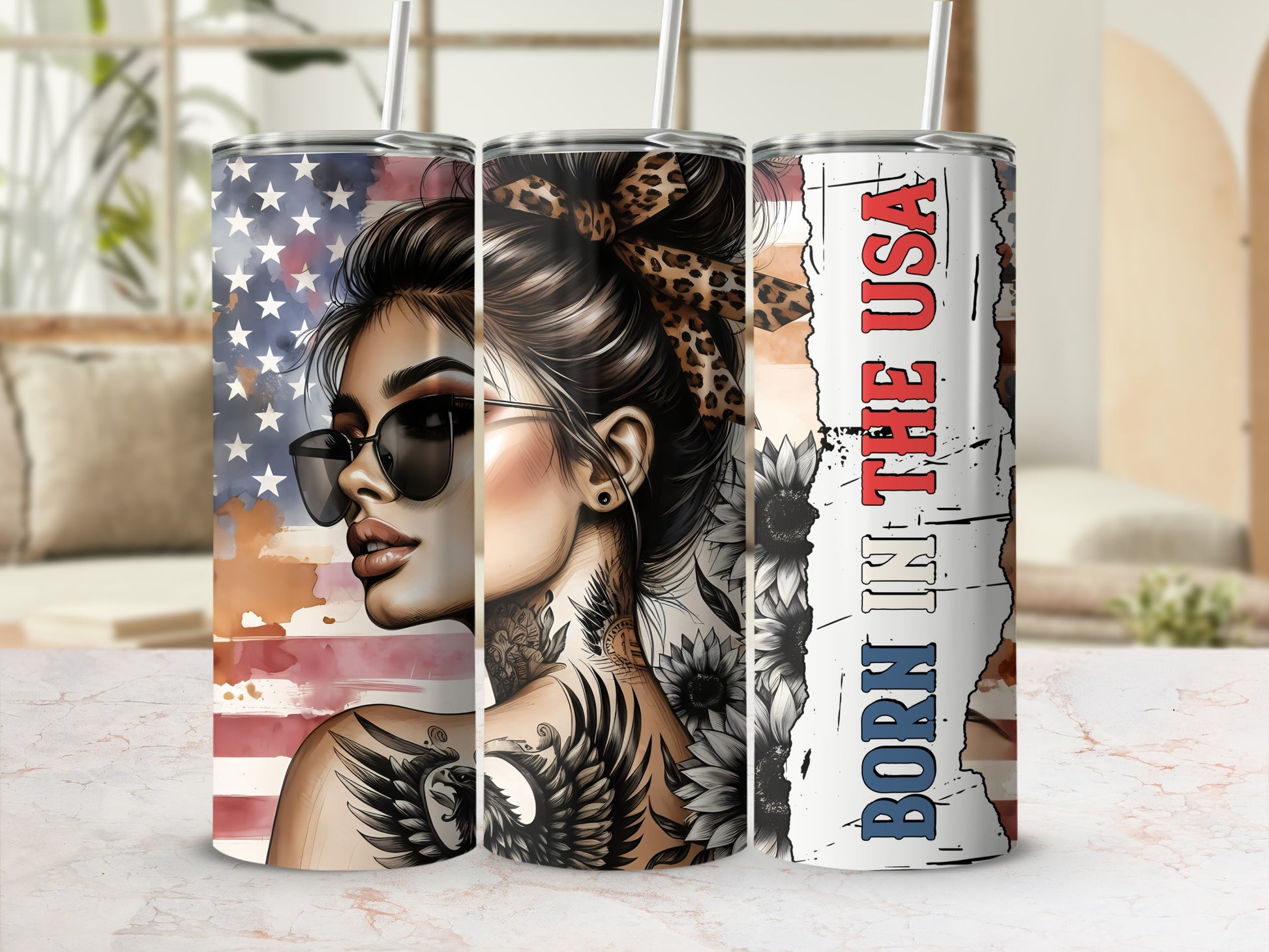 USA flag and eagle tumbler with "Born in the USA" text.