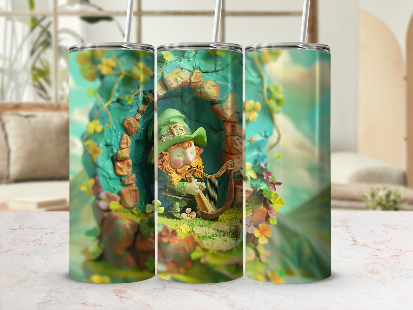 Leprechaun playing a harp inside a mossy grotto with shamrocks.
