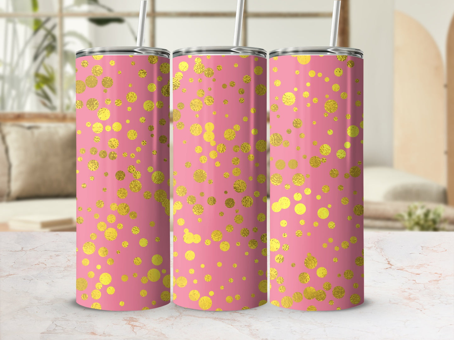 Three pink tumblers with gold foil confetti pattern and straws.