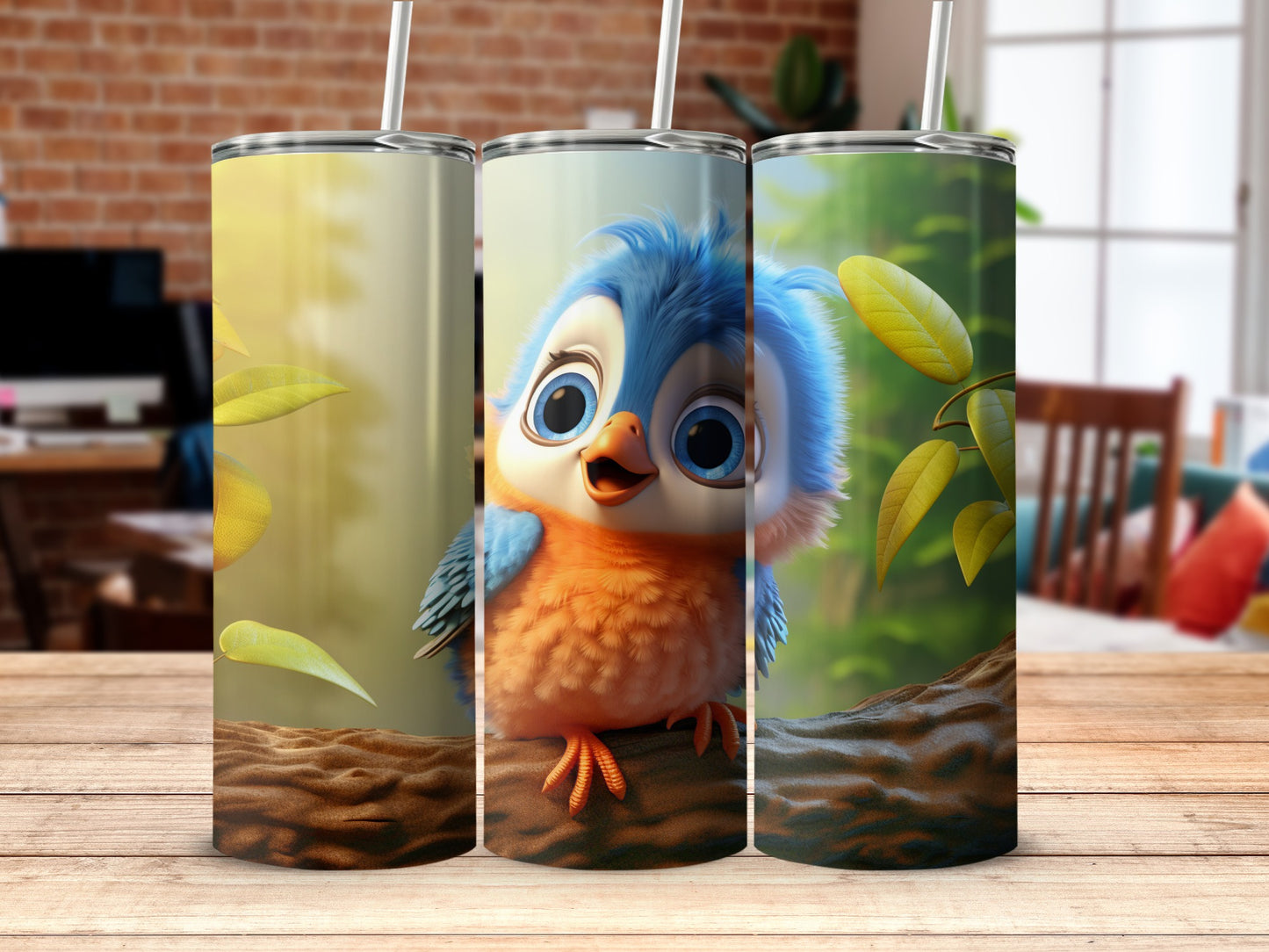 Cute Blue Bird Tumbler With Adorable Forest Design