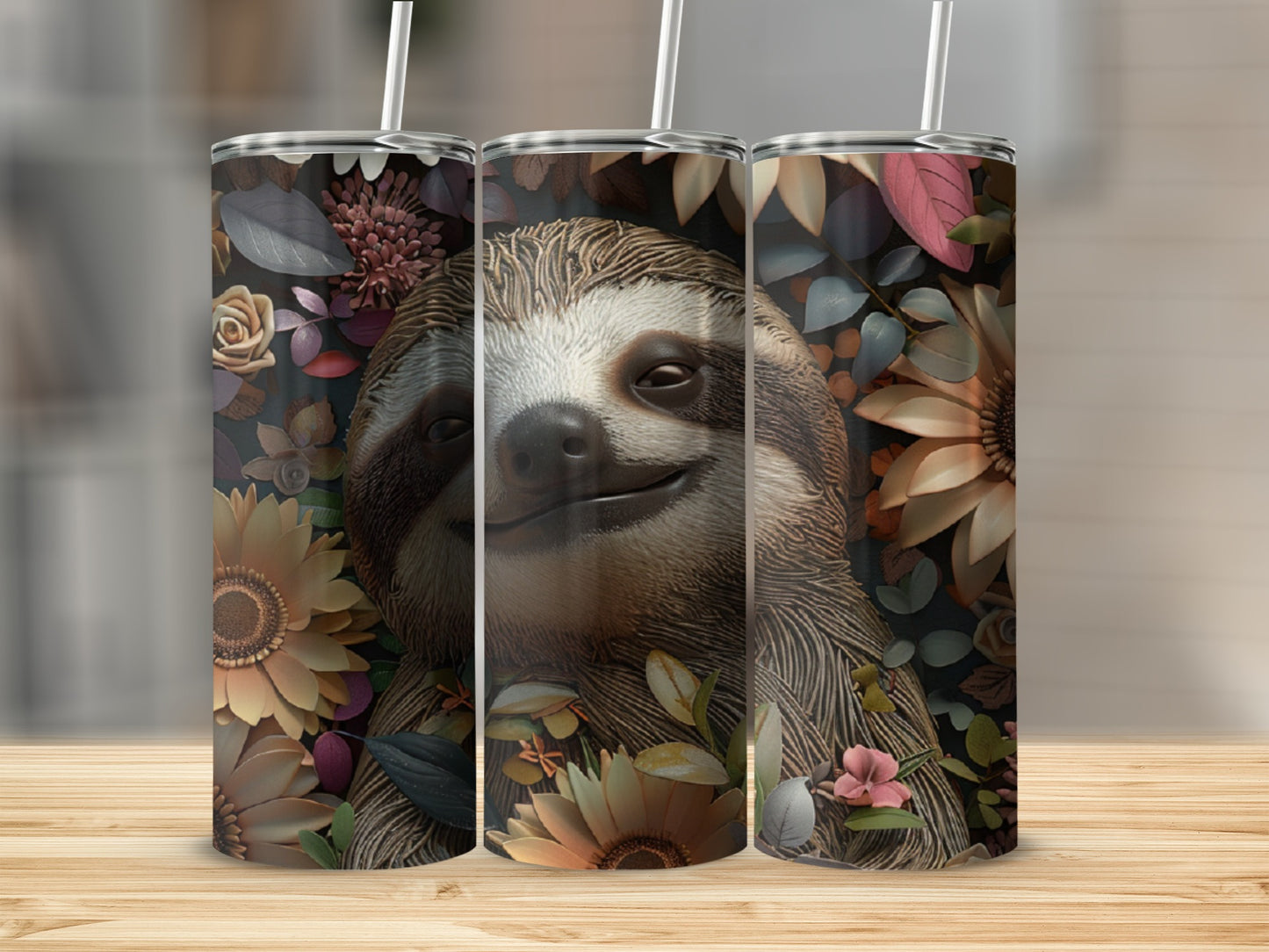 Sloth surrounded by flowers on a tall skinny tumbler.