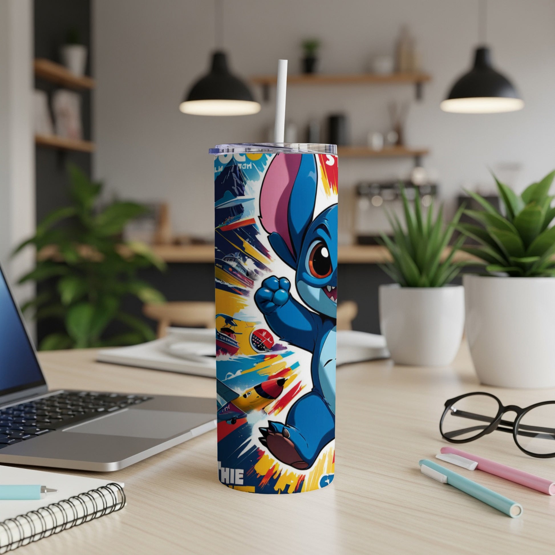 Blue Stitch character on a white tumbler with colorful graphics.