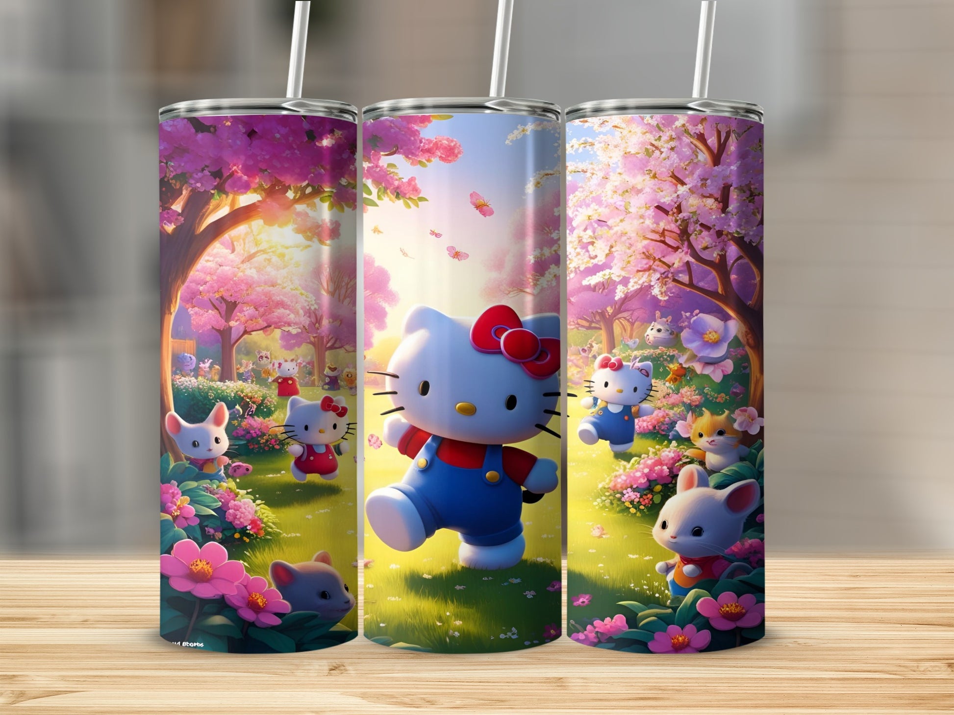 Hello Kitty in overalls with friends in a blooming cherry blossom park.