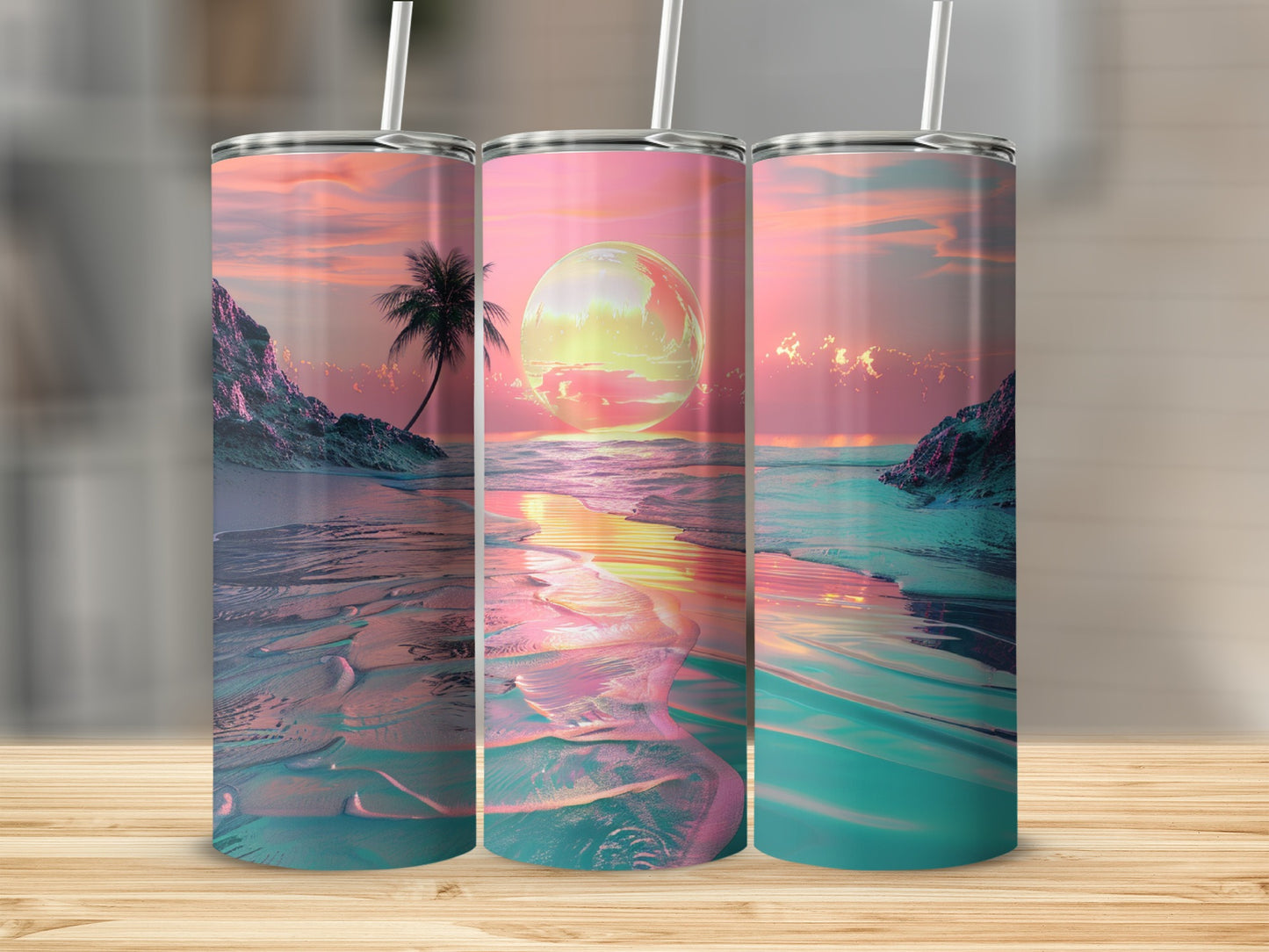 Three tumblers with a tropical sunset beach scene and palm tree.