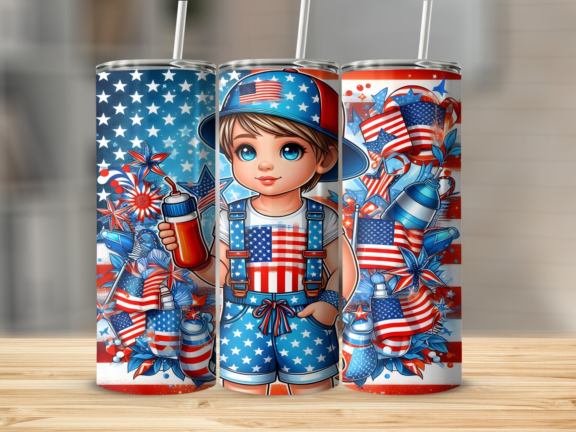 Boy in overalls with American flag patterns and fireworks, holding a drink.