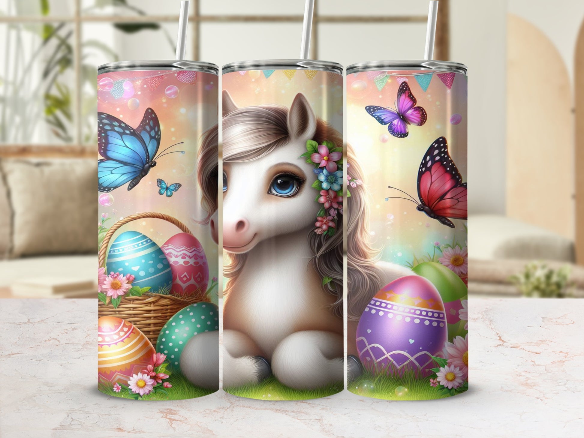 Unicorn with Easter eggs and butterflies on a bright background.