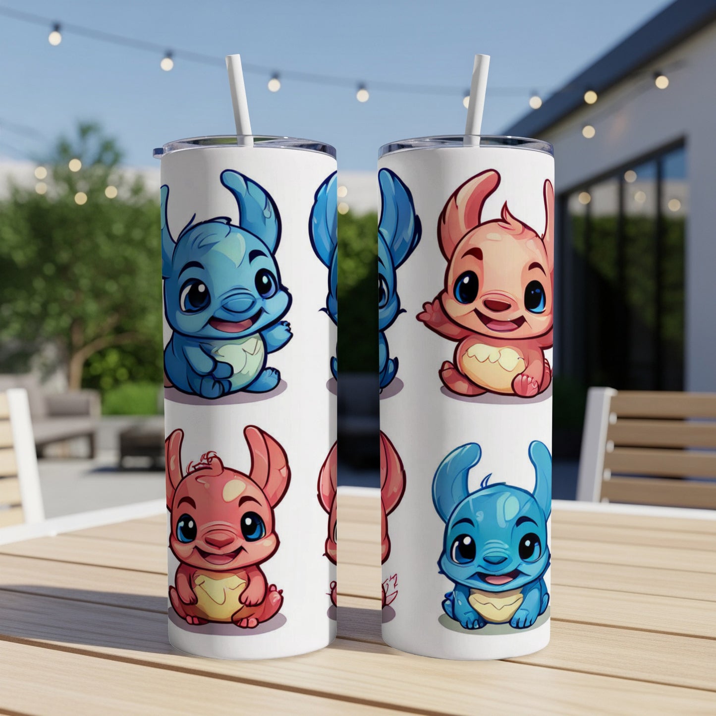 Two tumblers with cartoon Stitch designs, one blue, one pink.
