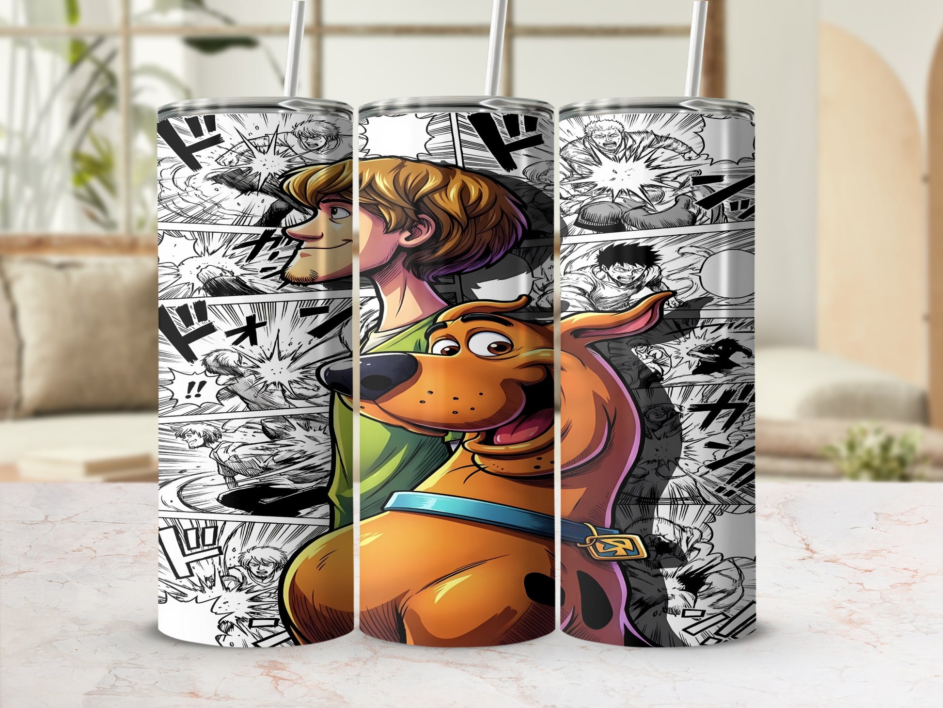 Three cartoon tumblers featuring Scooby-Doo and Shaggy in manga style.