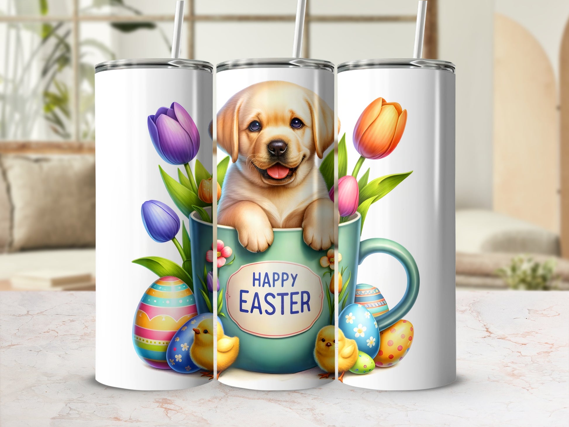 Puppy in a mug with Easter eggs and flowers, "Happy Easter" text.
