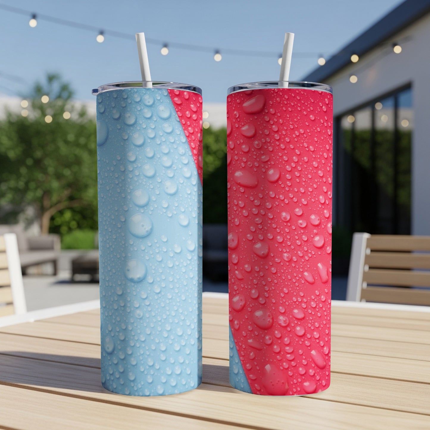 Two tumblers with water droplets, one blue and one pink.