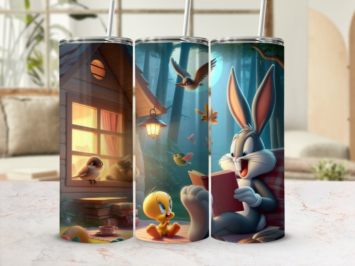 Illustrated Cartoon Scene Tumbler with Animals Design