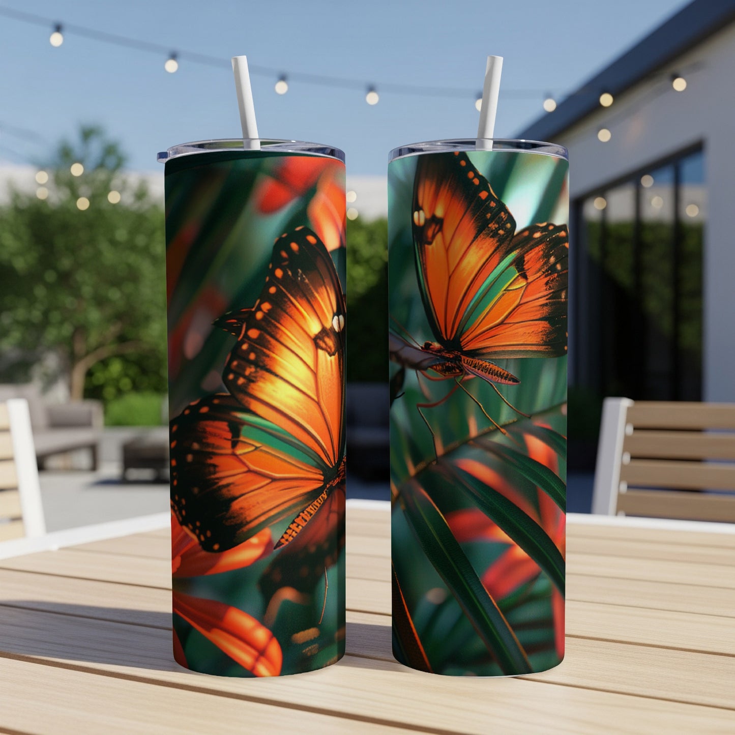 Two tumblers with orange and black butterfly design on a table.