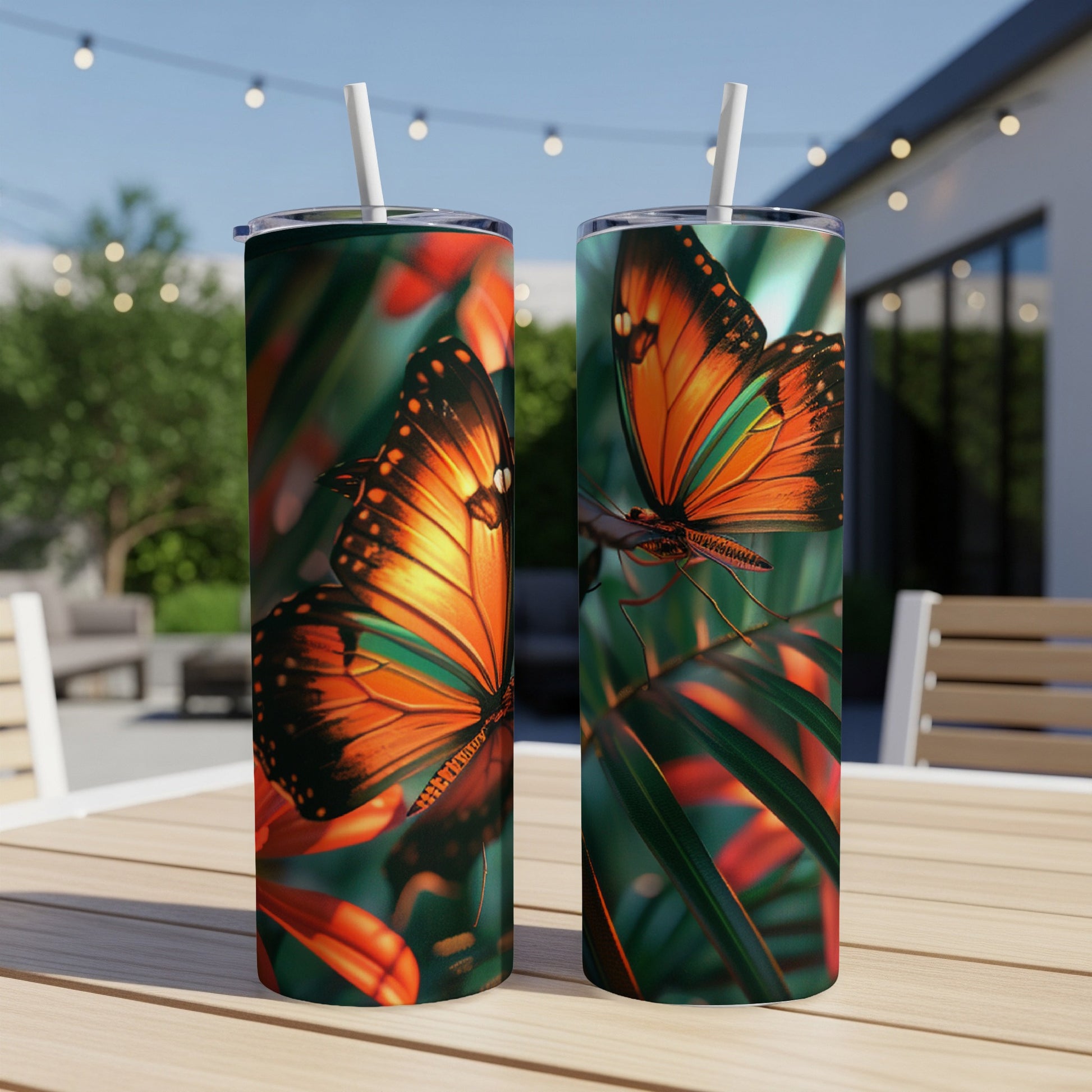 Two tumblers with orange and black butterfly design on a table.