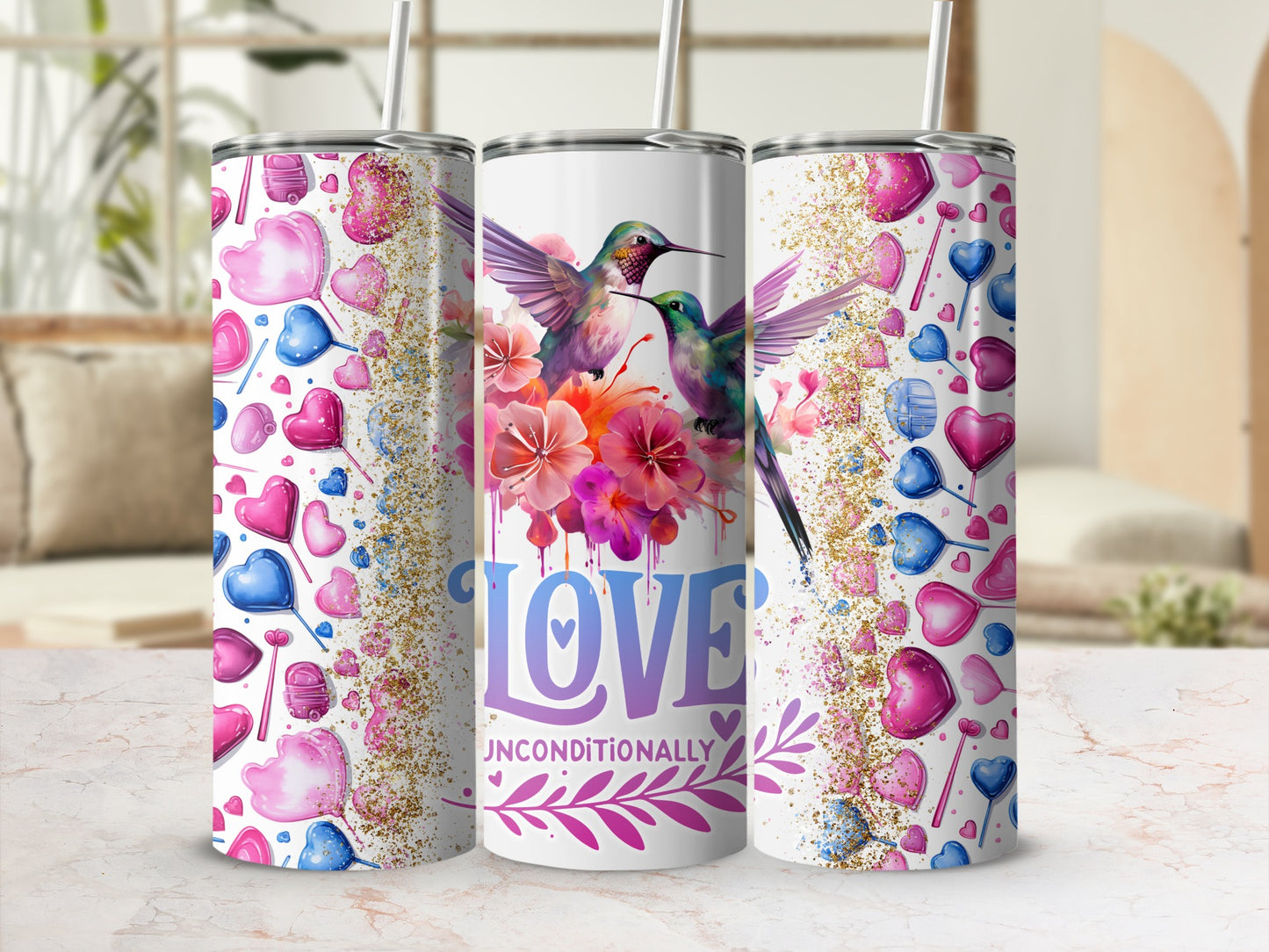 Colorful Hummingbird and Hearts Love Unconditionally Tumbler