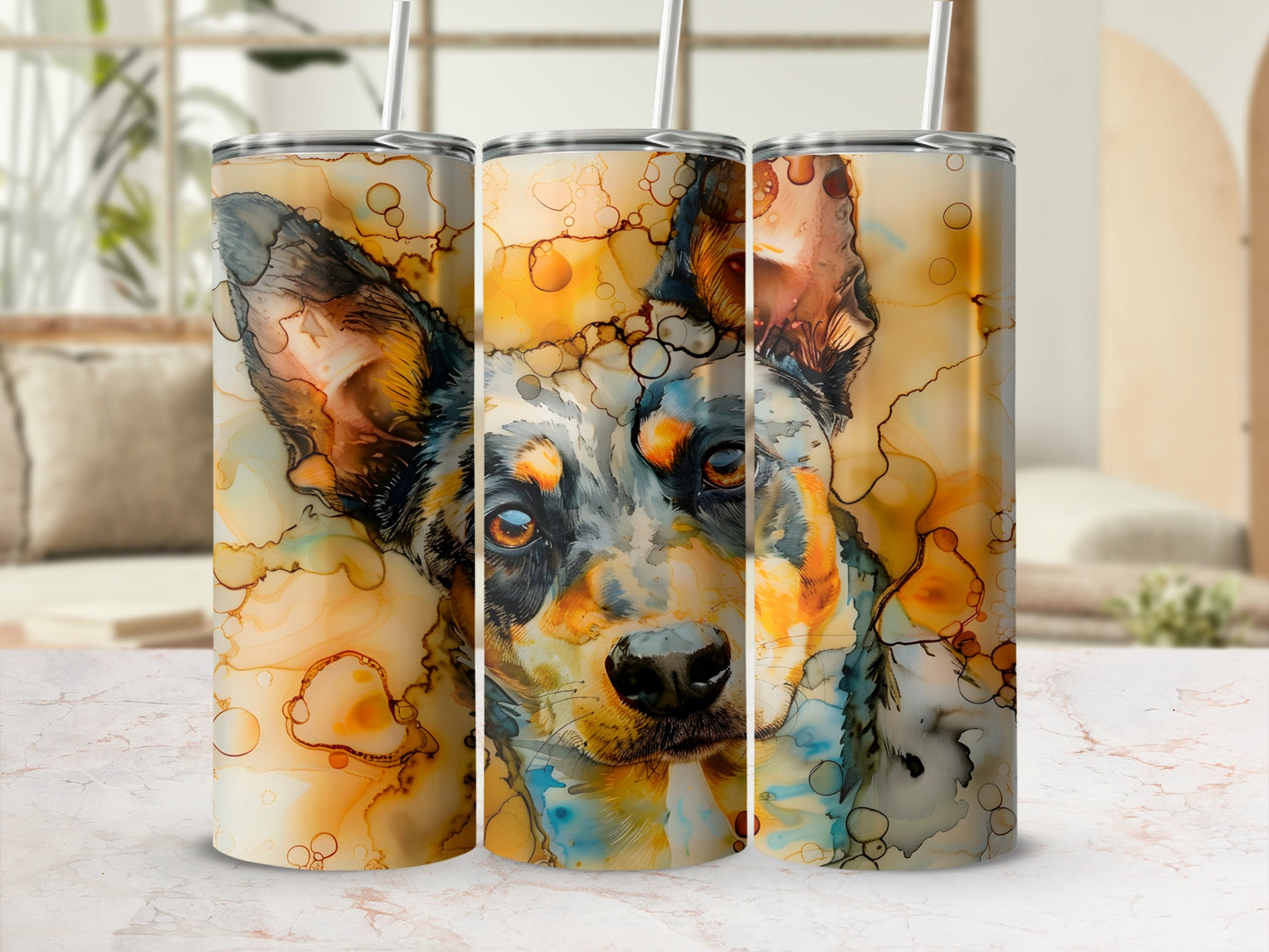 Abstract watercolor portrait of a dog's face on a tumbler.