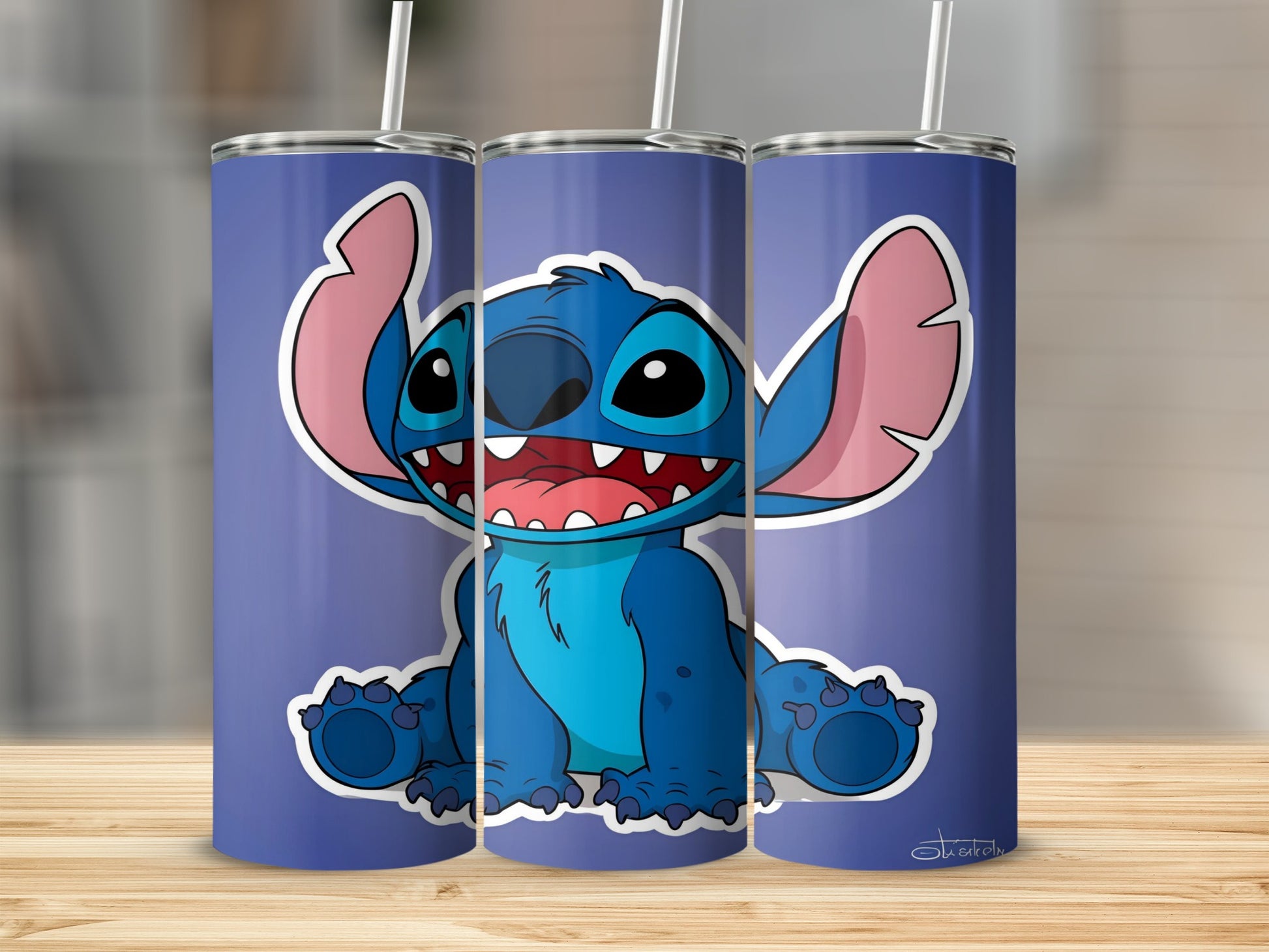 Cartoon Stitch character with open mouth and big ears on blue background.