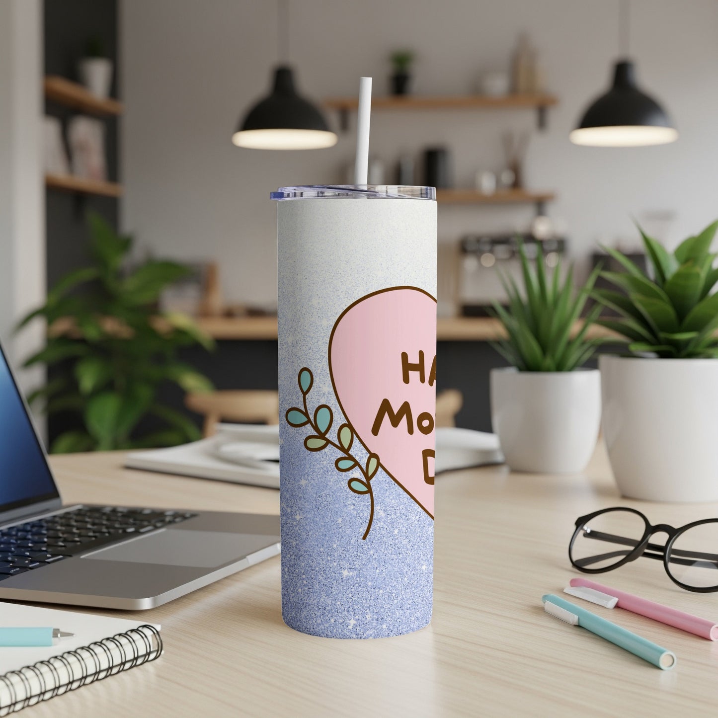 Tall skinny tumbler with "Happy Mother's Day" text and heart design.