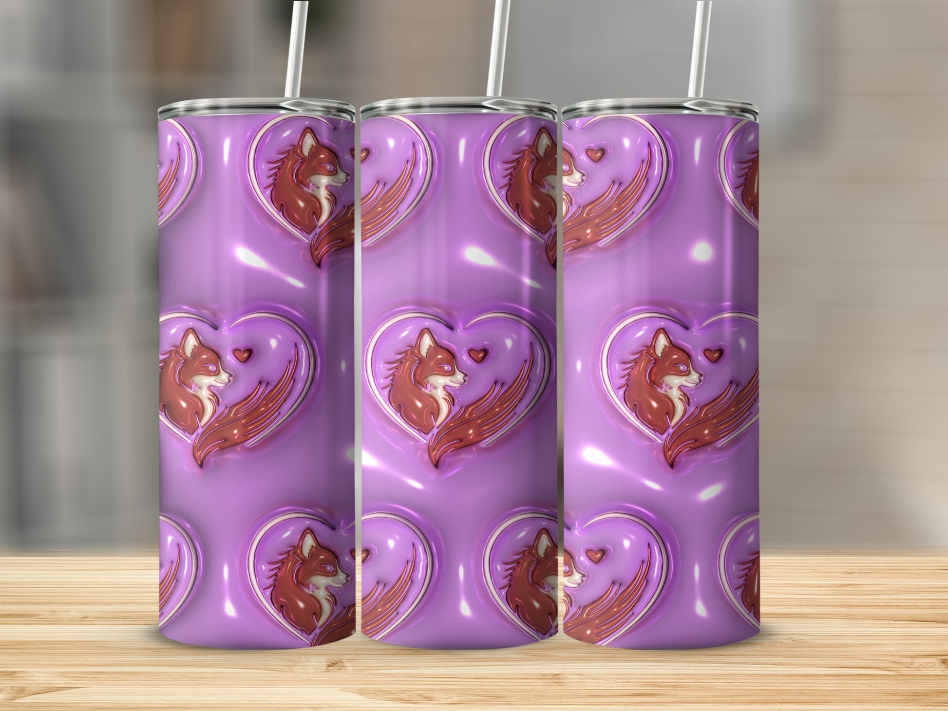 Purple Tumbler with Fox Heart Design for Beverage