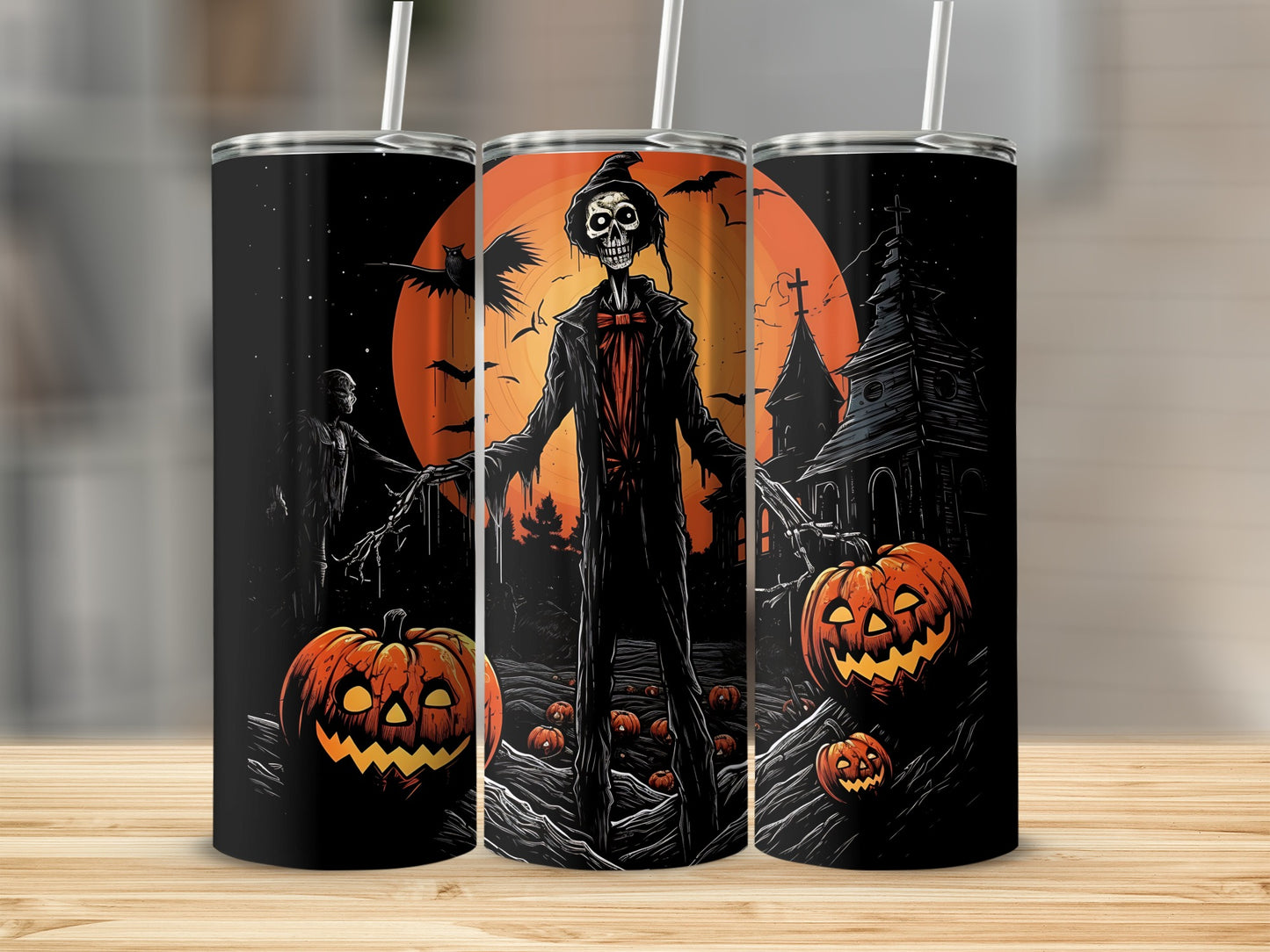 Three tumblers feature a spooky Halloween scene with a skeleton scarecrow.