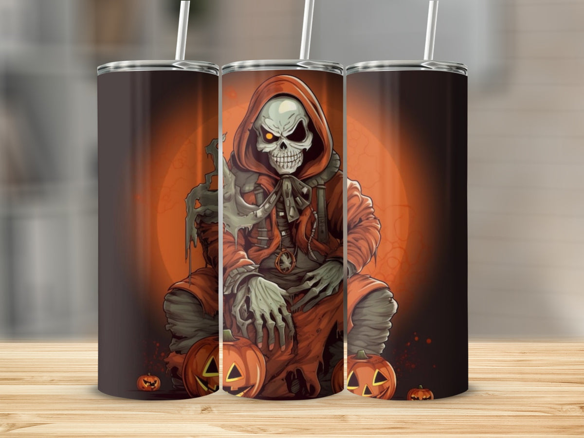 Tumblers with a grim reaper and pumpkins Halloween design.