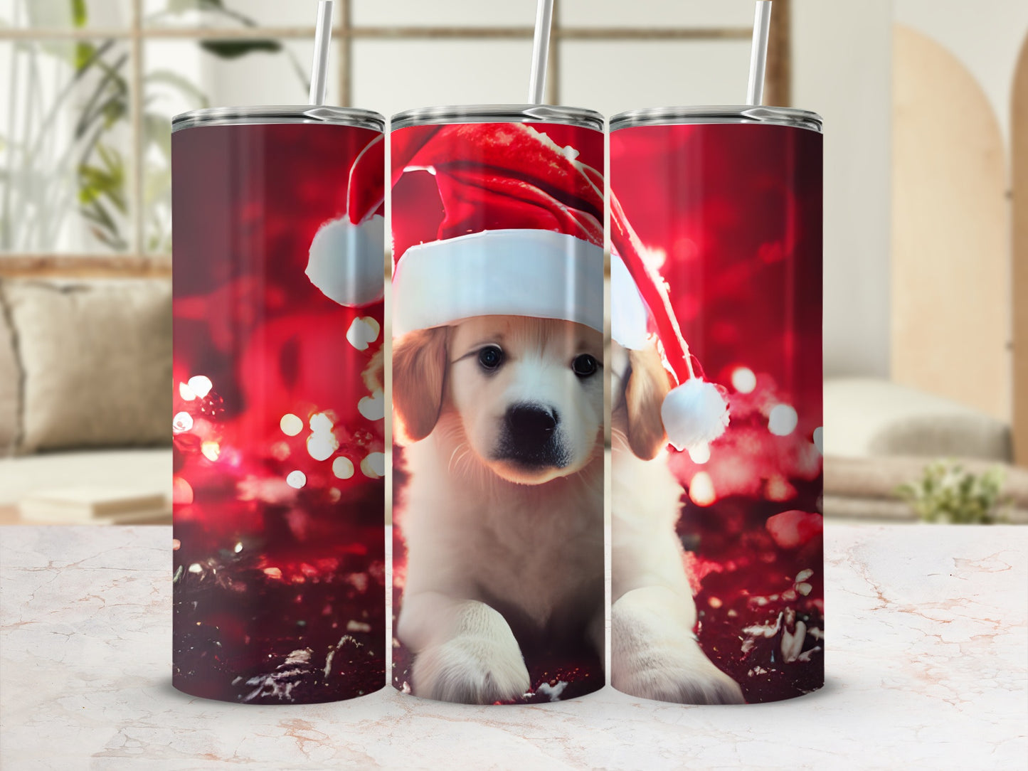 Golden retriever puppy wearing a Santa hat on a festive red background.