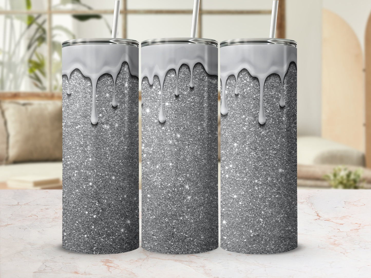 Sparkling Silver Glitter Tumbler with White Drips Design