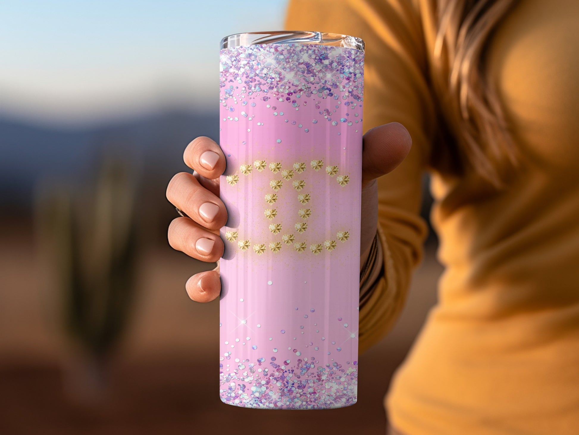 Pink Glitter Tumbler with Sparkling Flower Design