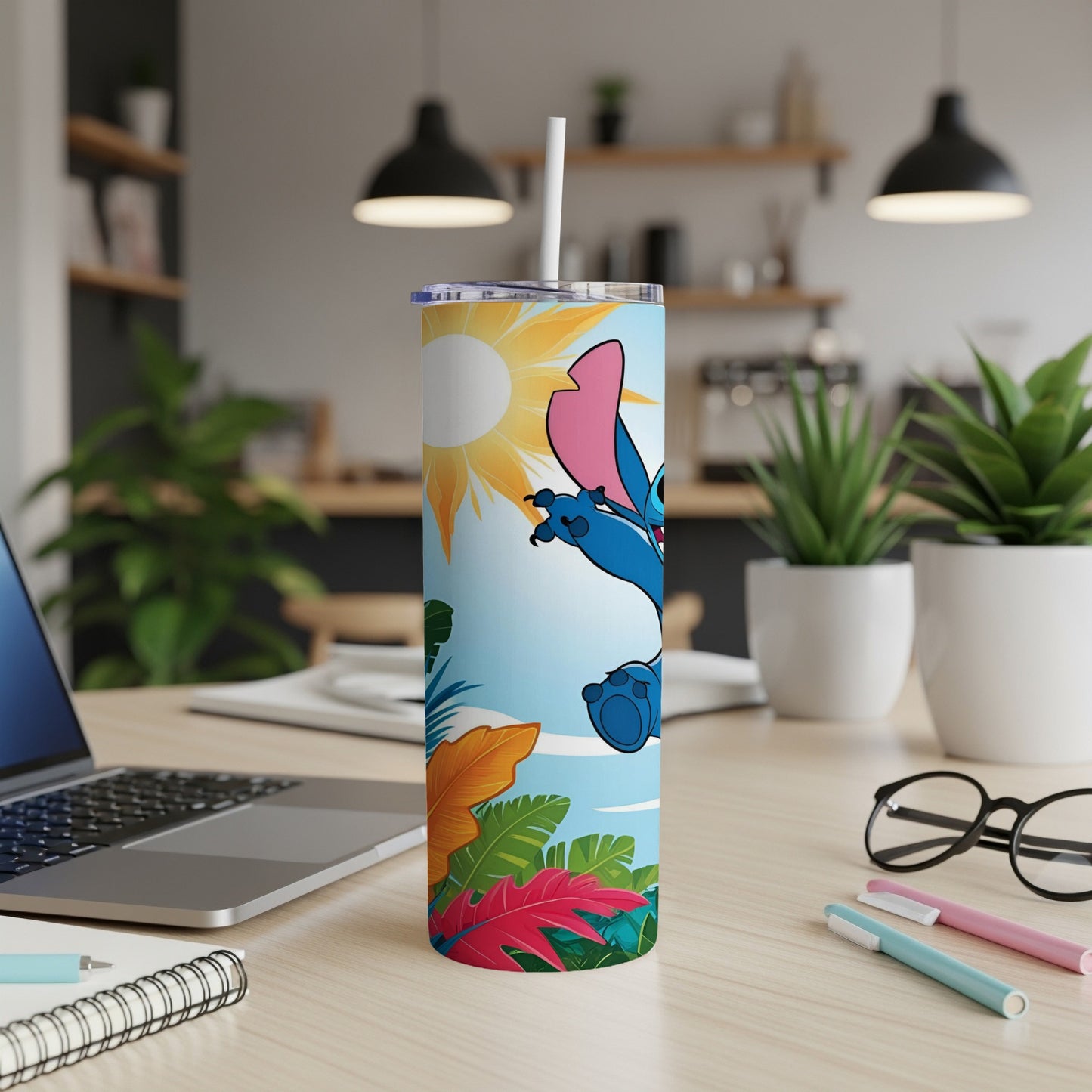 Stitch on a tropical tumbler with a straw and sun.