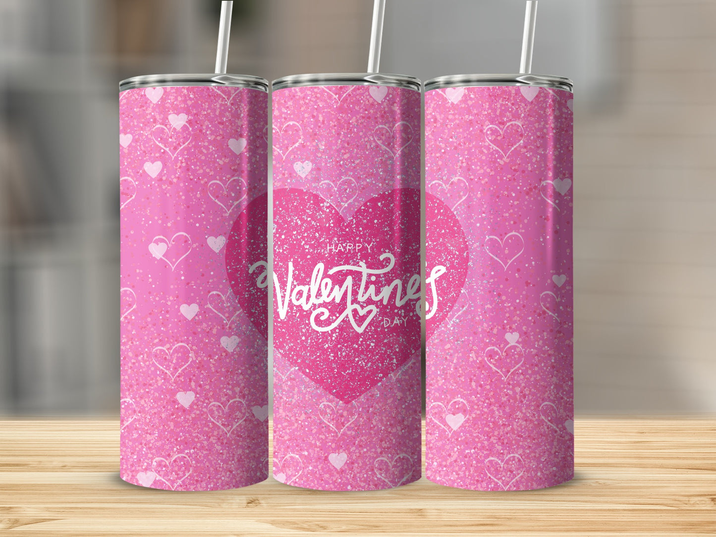Happy Valentines Pink Tumbler With Heart Design
