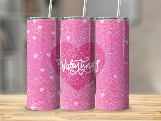 Happy Valentines Pink Tumbler With Heart Design
