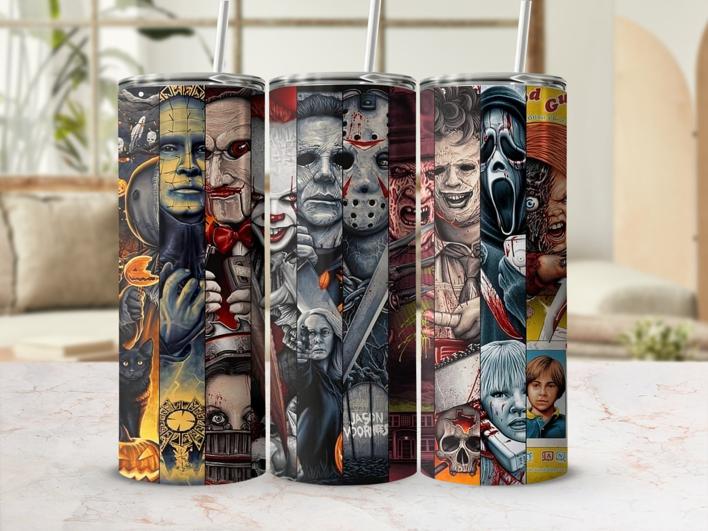 Collage of horror movie villains on three tumblers with straws.