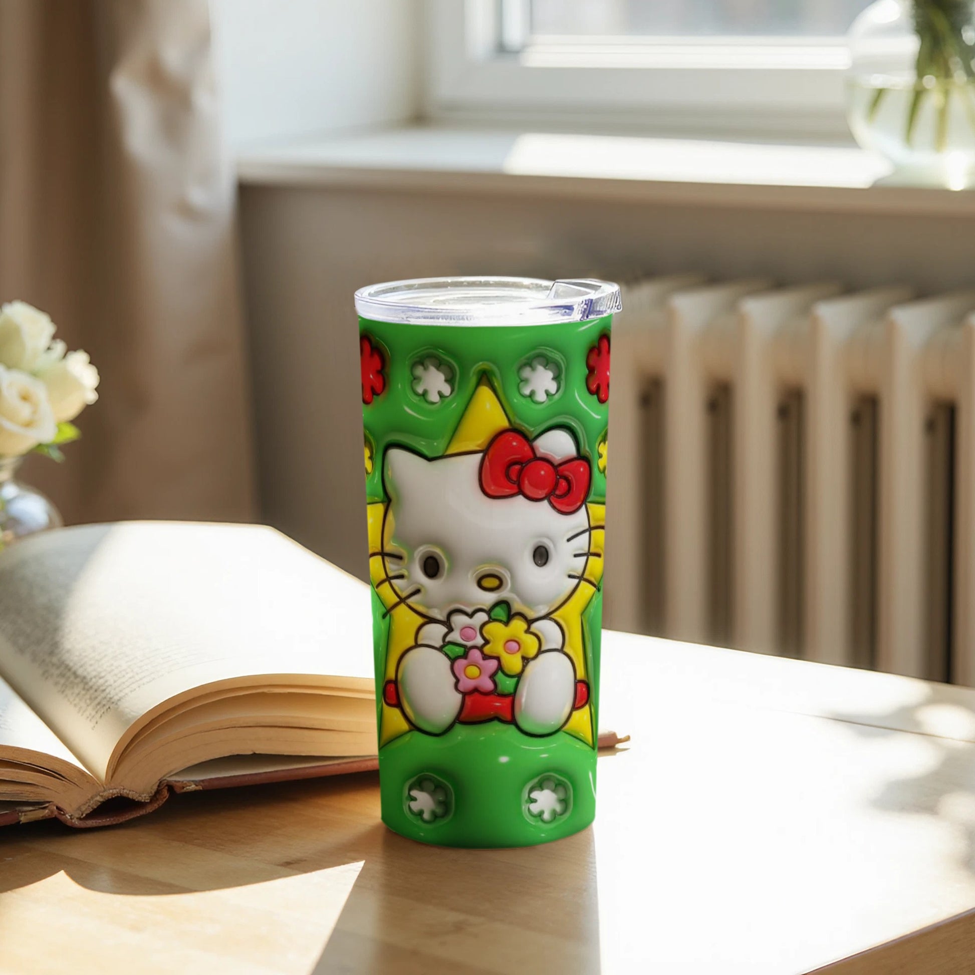 Cute Kitty Floral Design Insulated Tumbler 20oz