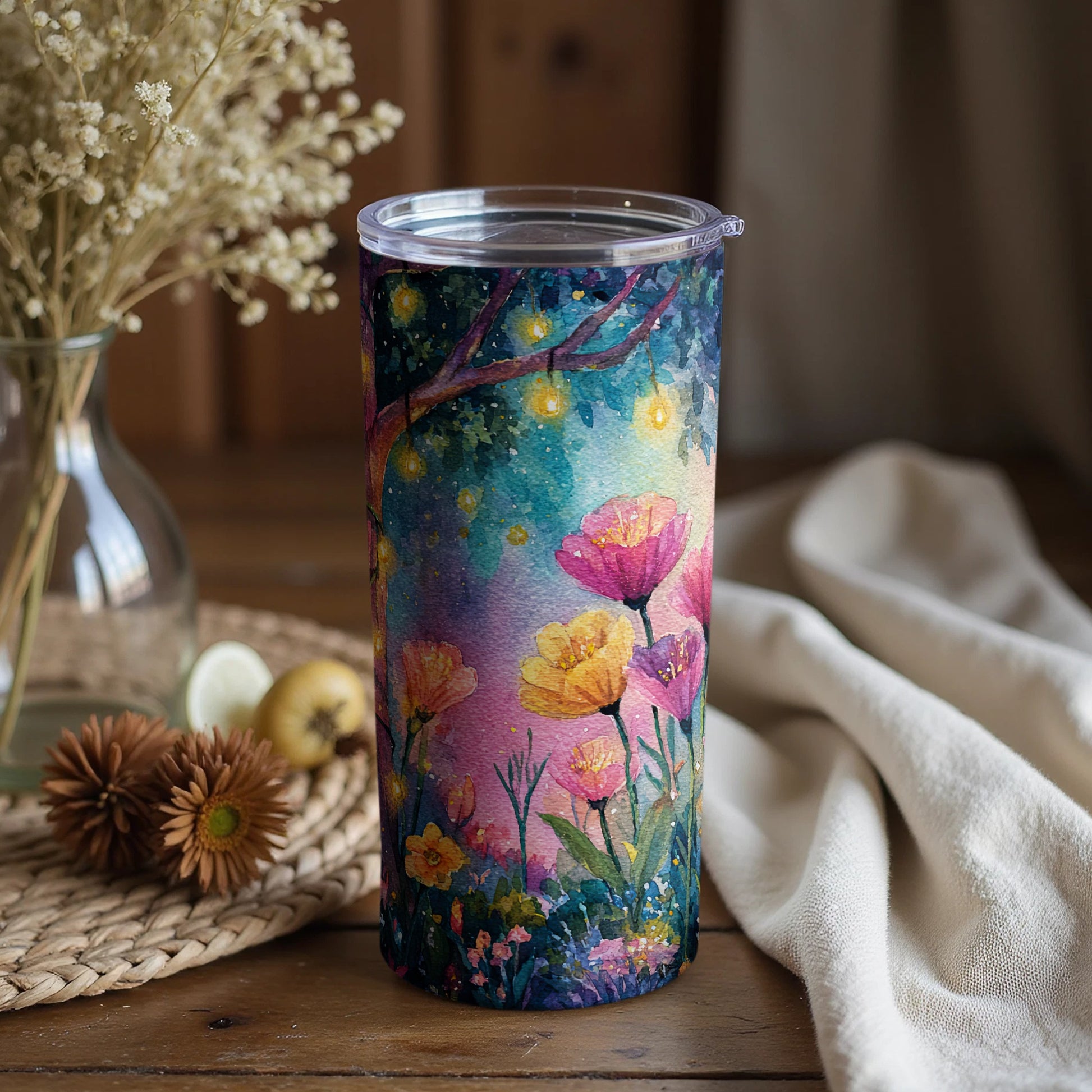 Dreamy Floral Garden Tumbler with Night Sky Illustration