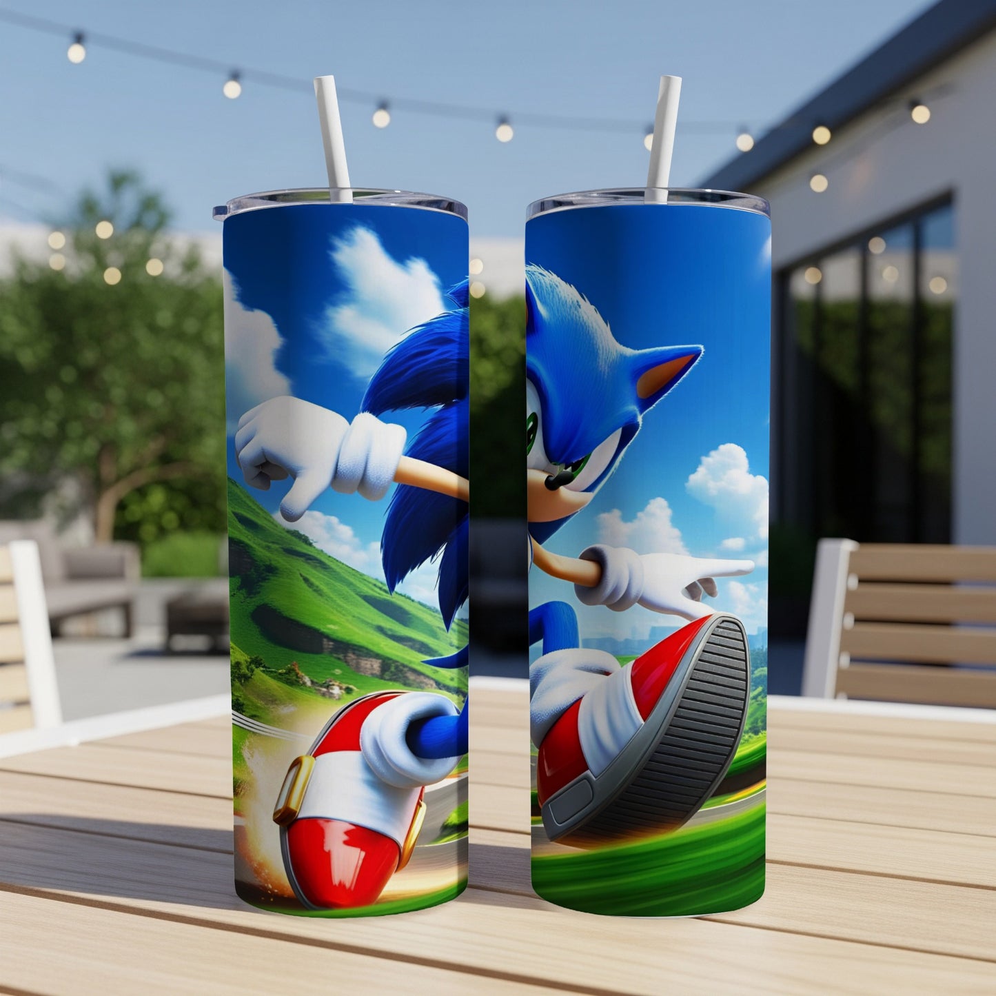 Sonic the Hedgehog speeding through a green landscape on a tumbler.