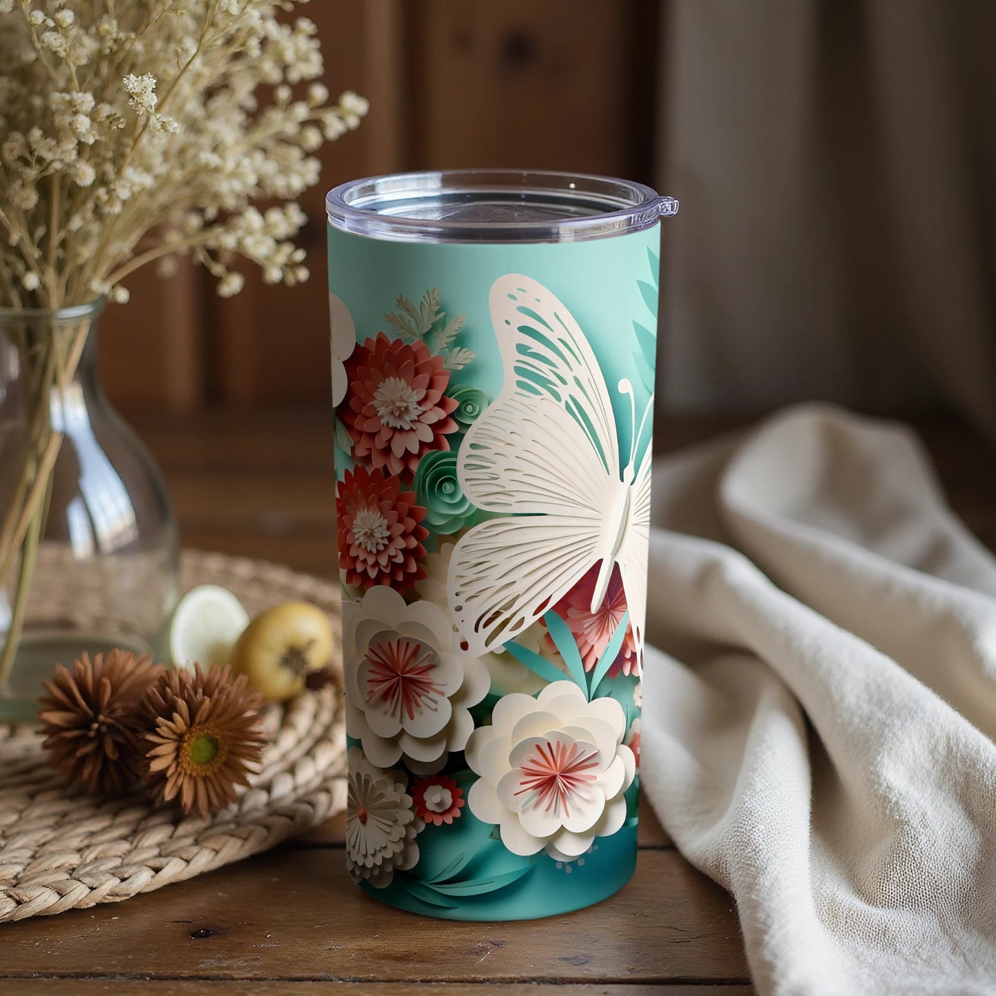 Floral Butterfly Design Insulated Tumbler Cup