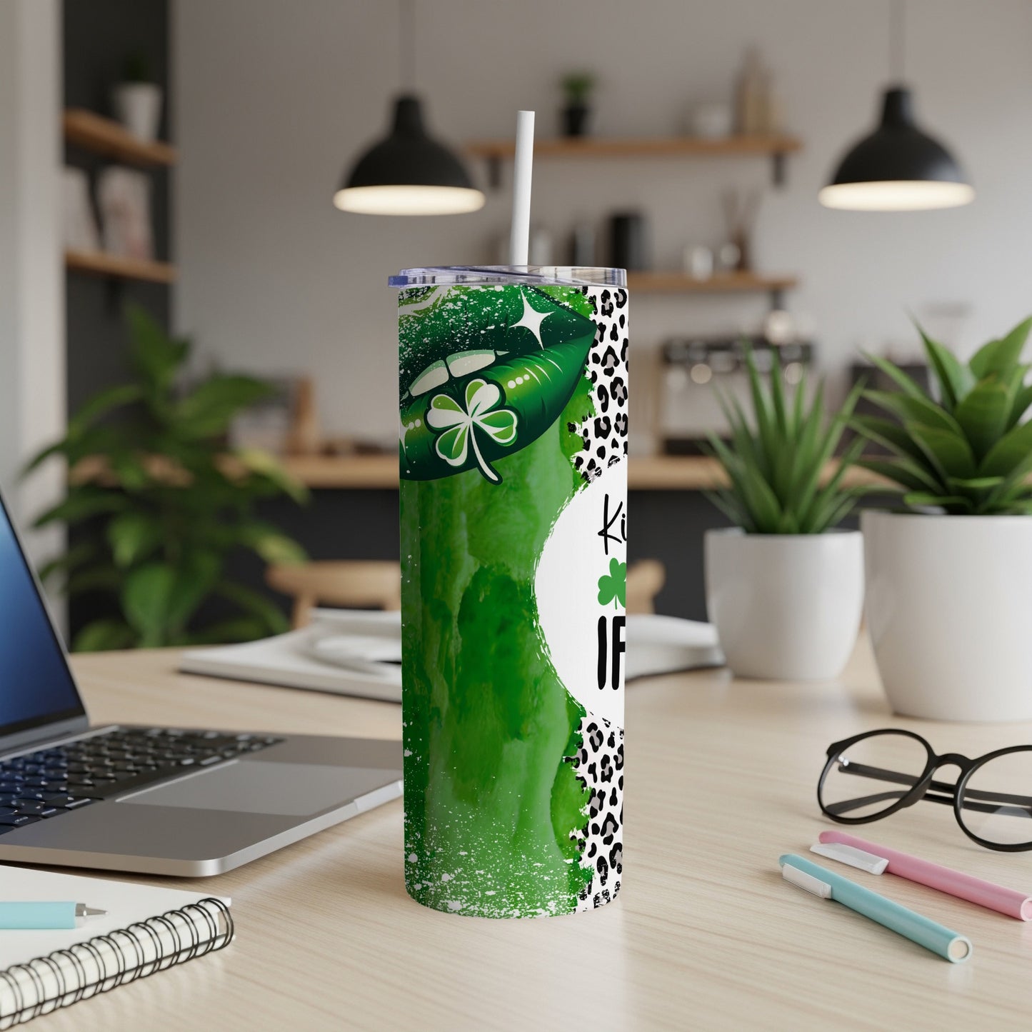 Green tumbler with leopard print, shamrock, and "Kiss Me If You Can" text.