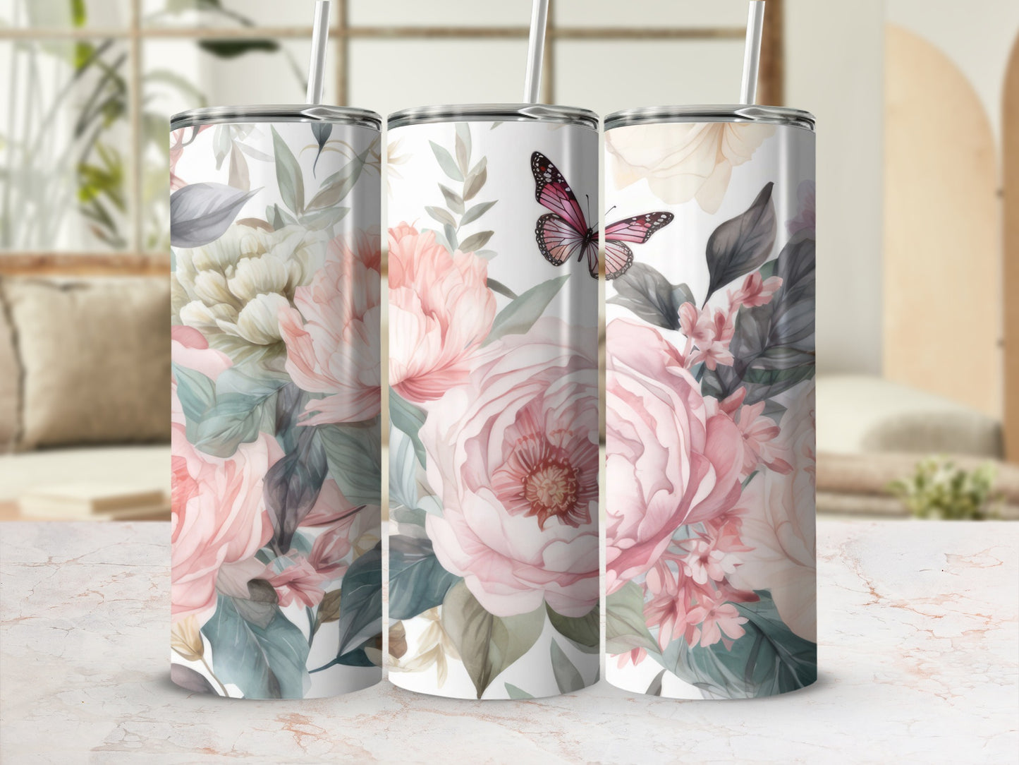 Tumbler with pink peonies, green leaves, and a butterfly.