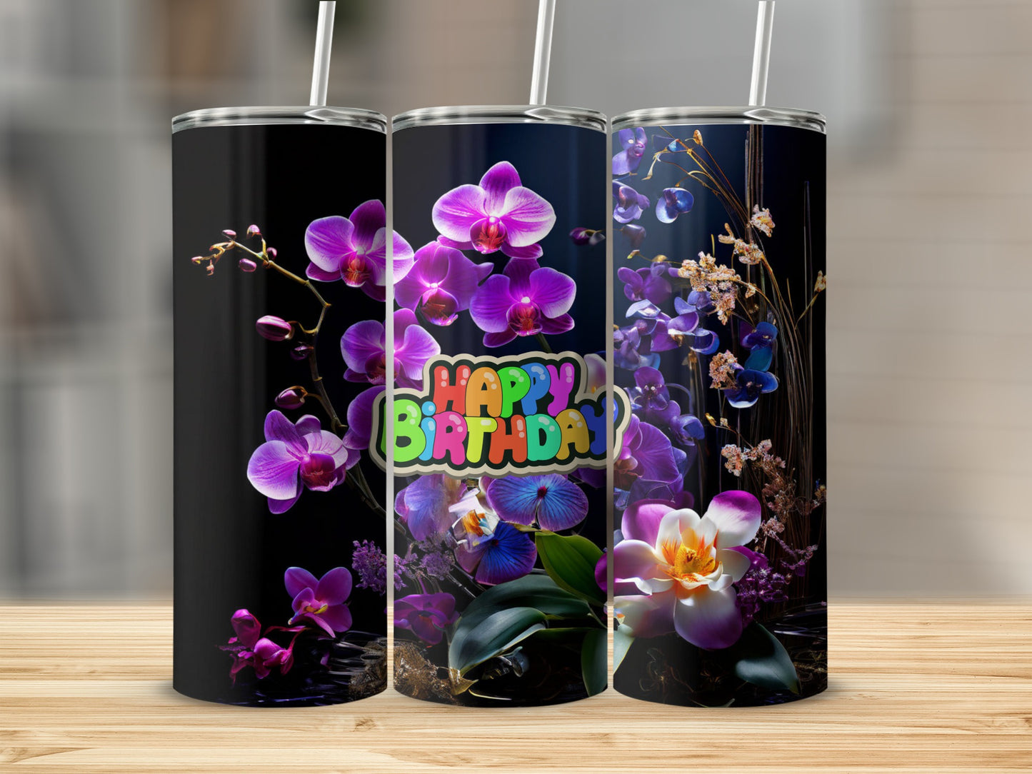 Tumbler with colorful "Happy Birthday" text and purple orchids.