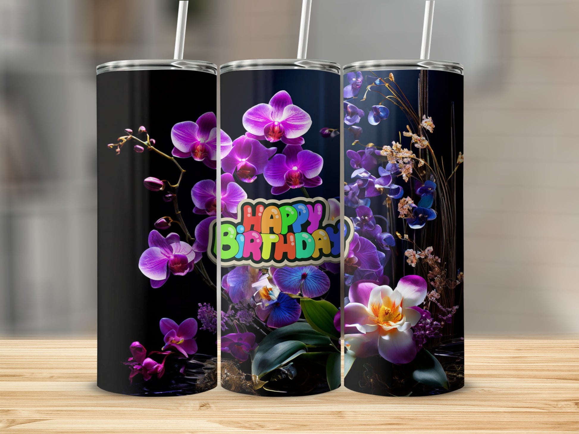 Tumbler with colorful "Happy Birthday" text and purple orchids.