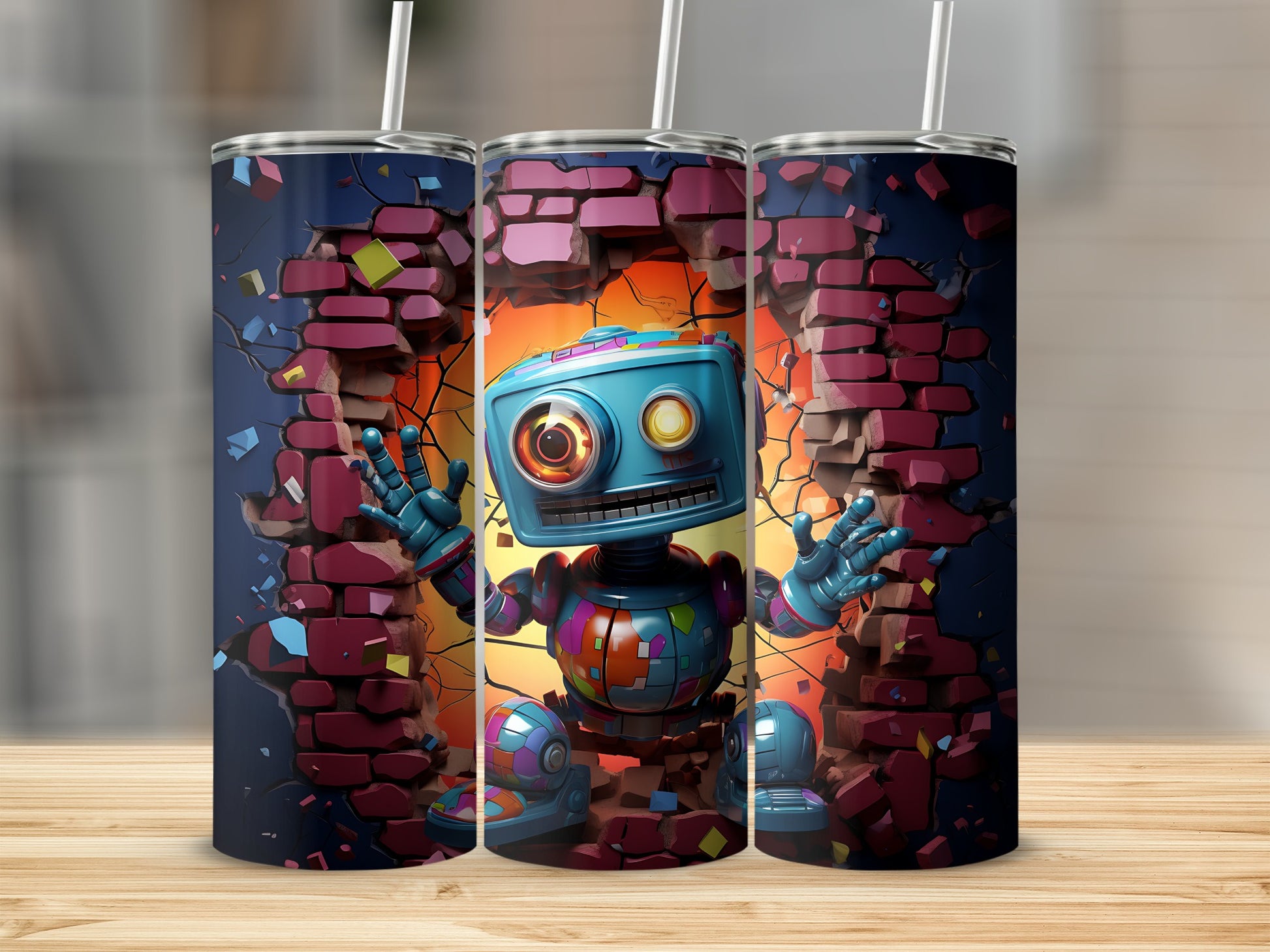 Retro Robot Breaking Through Wall Tumbler