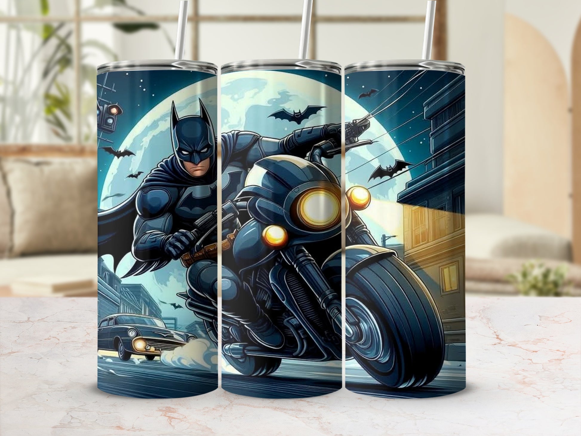 Batman on a motorcycle at night with bats flying, city skyline.