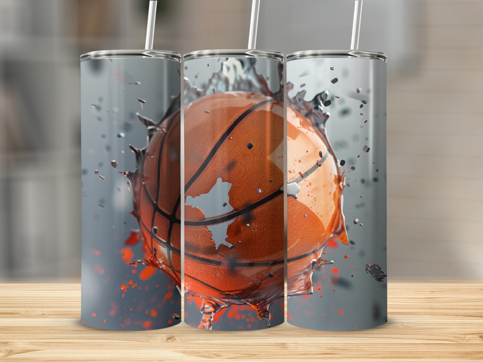 Basketball splattering in water, displayed on three tumblers.