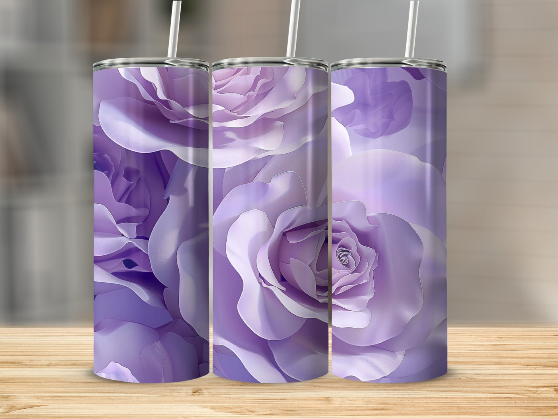 Three tall tumblers with a seamless purple rose floral pattern.